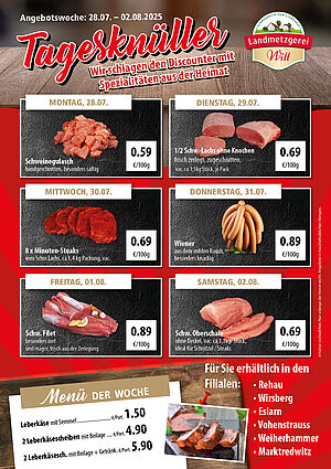 Eine Aufstellung von verschiedenen Sonderangeobten für die Kalenderwoche 31 für die Filialen: Eslarn, Vohenstrauß, Marktredwitz, Rehau, Weiherhammer, Wirsberg